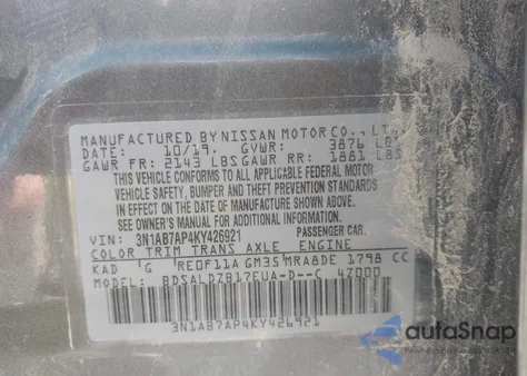 2019 Nissan Sentra Sv from USA, damaged, VIN 3N1AB7AP4KY426921